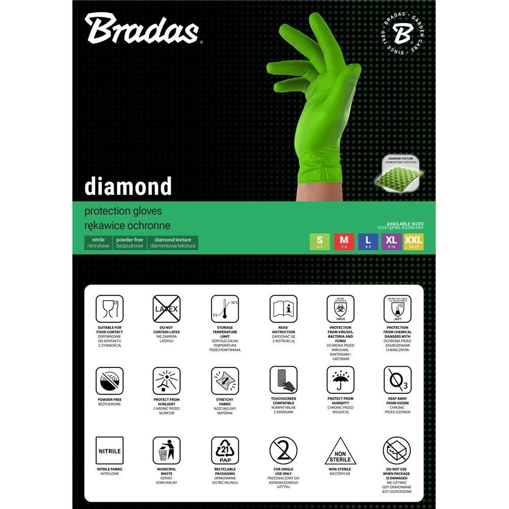 Защитные перчатки DIAMOND, нитриловые, L размер 8-9, зеленые, RWJNDGR9
